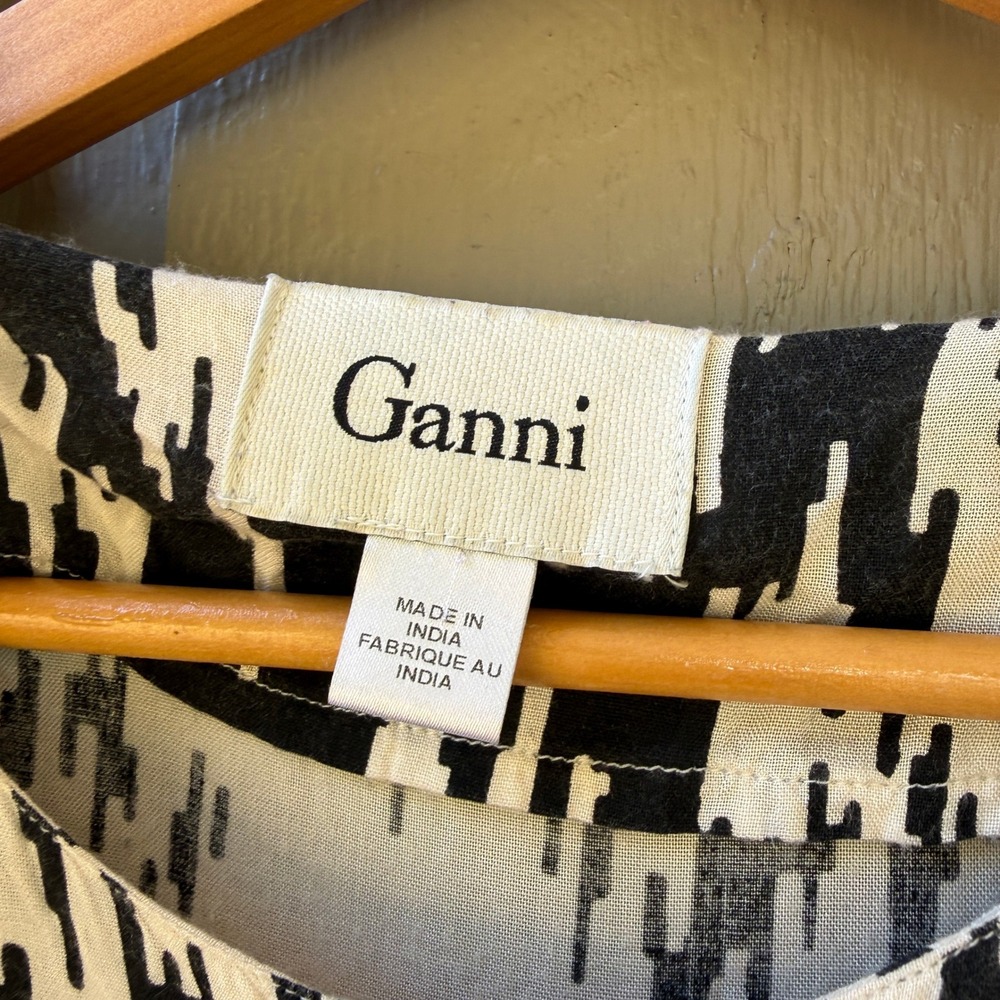 Ganni Chelsea Dress Small Black White Abstract Ikat Mini Viscose Short Sleeve - Picture 2 of 8